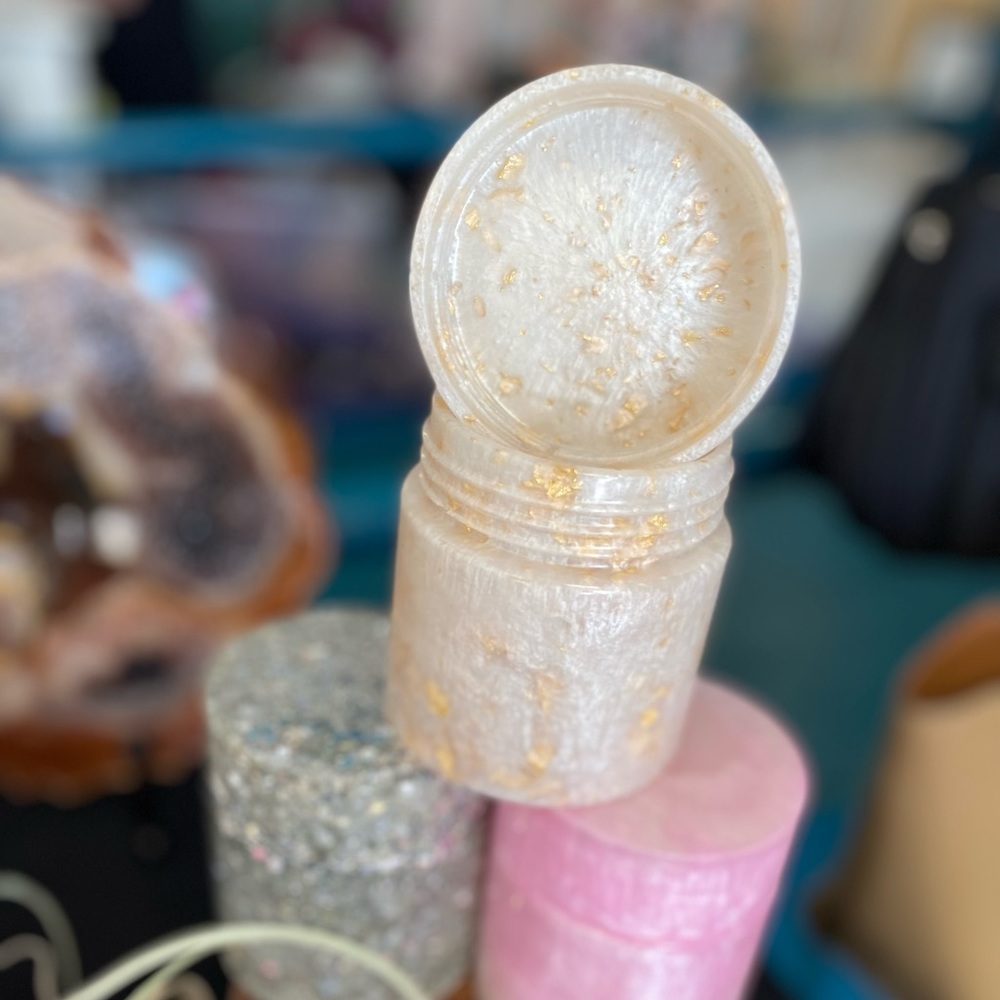 Pearly white & Gold leaf stash jar